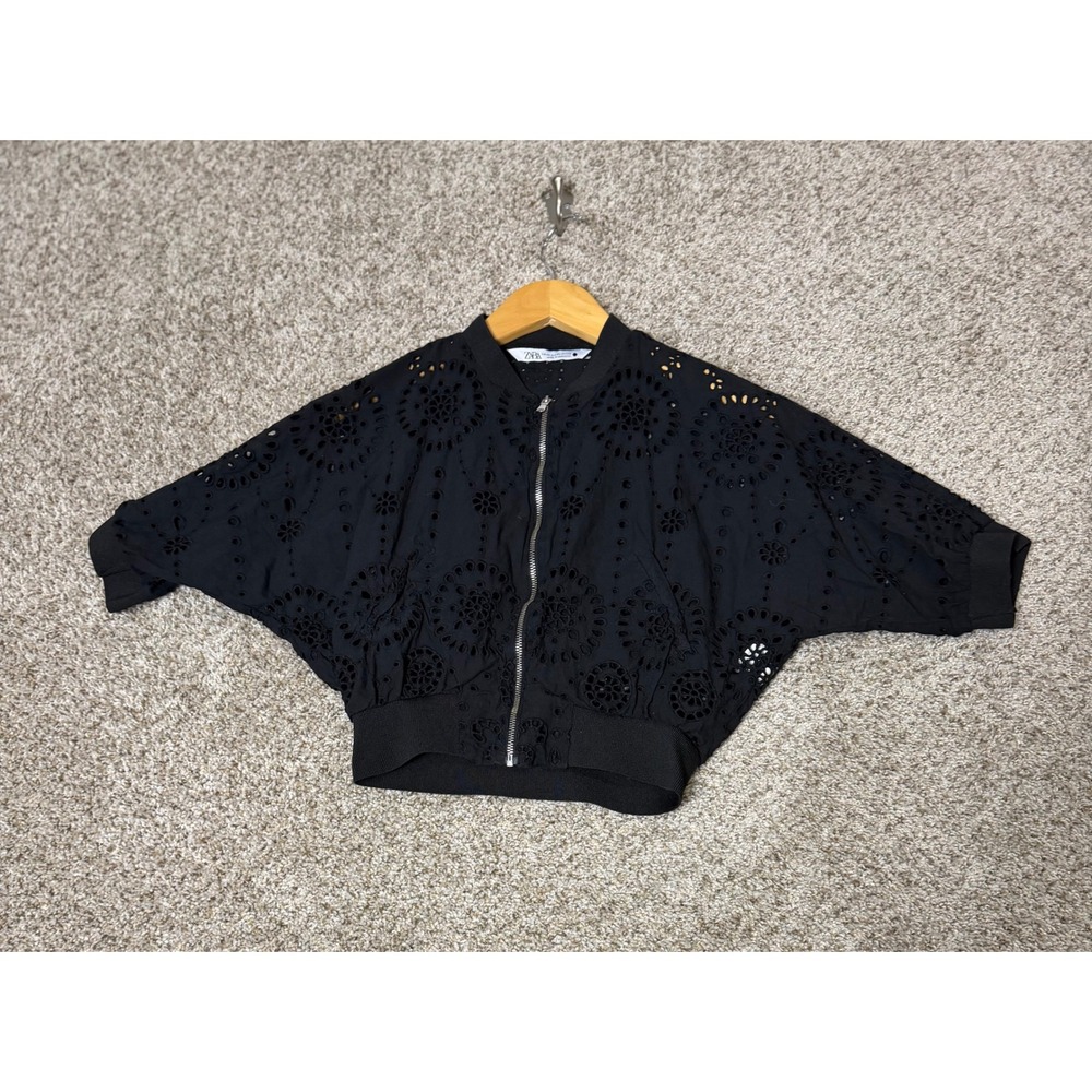 Zara Eyelet Cropped Bomber Jacket / Cape Sleeve Jacket Black XS